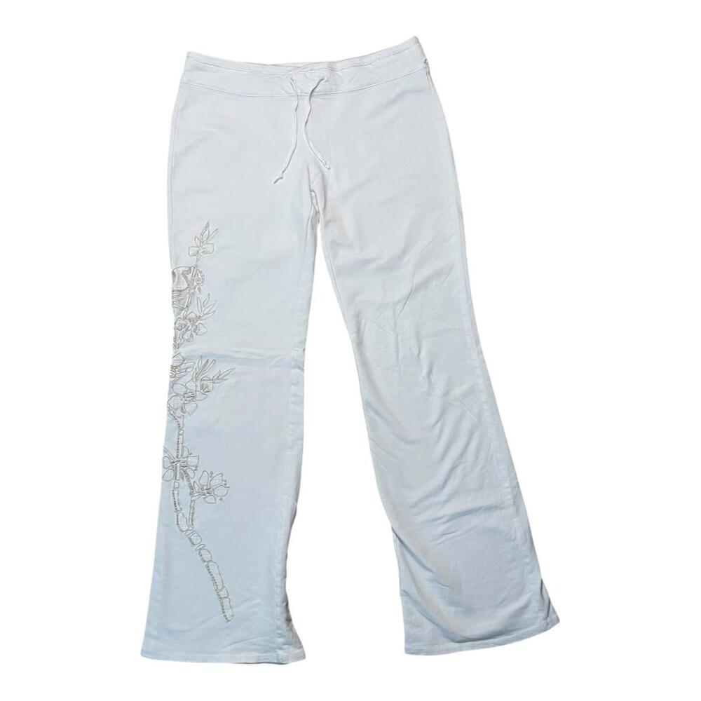 Y2K Vintage Da-Nang Sweatpants Low Rise Embroidered Floral White Women APPROX XL